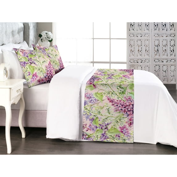 Nature Bed Runner Set, Lilac Flowers Leaves Watercolor Floral Art on Plain Backdrop, Decorative Bedding Scarf & 2 Pillow Shams for Hotels Homes, King, Pistachio Green and Pale Pink, by Ambesonne