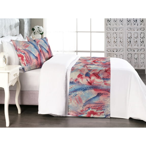 Nature Bed Runner Set, Repeating Tropical Flowers Grungy Ornament in Abstract Vintage Style, Decorative Bedding Scarf & 2 Pillow Shams for Hotels Homes, Queen, Dark Coral and Ceil Blue, by Ambesonne