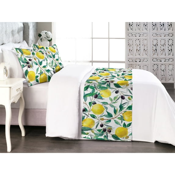 Nature Bed Runner Set, Watercolor Style Art Lemons Olives Leaves Pattern on Plain Back, Decorative Bedding Scarf & 2 Pillow Shams for Hotels Homes, Queen, Earth Yellow and Dark Green, by Ambesonne