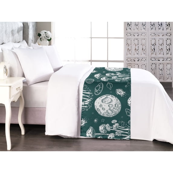 Nature Bed Runner, Space Theme Illustrated Minimalist Moon Sketch Pattern With Mushroom Print, Decorative Accent Bedding Scarf for Hotels Homes & Guest Rooms, Queen, Jade Green Eggshell, by Ambesonne