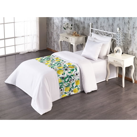 Nature Bed Runner, Watercolor Style Art Lemons Olives Leaves Pattern on Plain Back, Decorative Accent Bedding Scarf for Hotels Homes & Guest Rooms, Twin, Earth Yellow and Dark Green, by Ambesonne