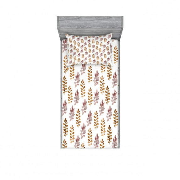 Nature Bedding Set with Sheet & Covers, Blossom Pattern in Watercolors Floral Spring Branch Ornament Leaves Art, Printed Bedroom Decor 2 Shams, 4 Sizes, Dried Rose Pale Coffee, by Ambesonne