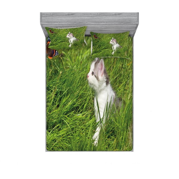 Nature Bedding Set with Sheet & Covers, Cat Watching a Butterfly on Grass Field Garden Inspirational Picture, Printed Bedroom Decor 2 Shams, 4 Sizes, Fern Green White Grey, by Ambesonne