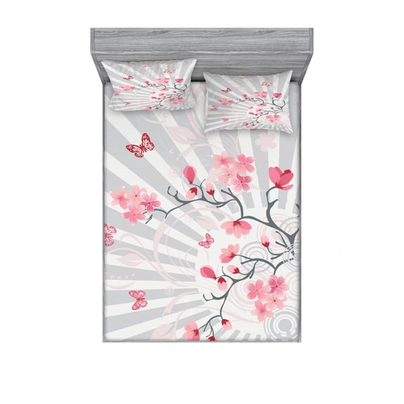 Nature Bedding Set with Sheet & Covers, Cherry Blooming Butterflies on Stripes Sun Rays Curvy Lines Ornamental Artwork, Printed Bedroom Decor 2 Shams, 4 Sizes, Pale Grey Pink, by Ambesonne