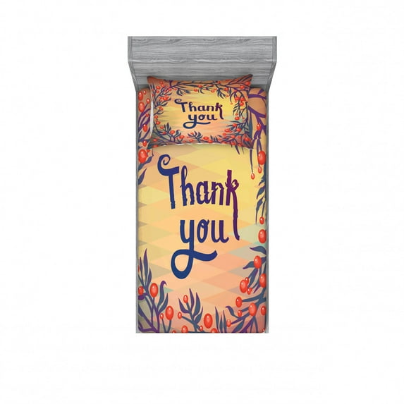 Nature Bedding Set with Sheet & Covers, Christmas Time Flower Leaves Ivy Geometric Background Thanx Note Print, Printed Bedroom Decor 2 Shams, 4 Sizes, Multicolor, by Ambesonne