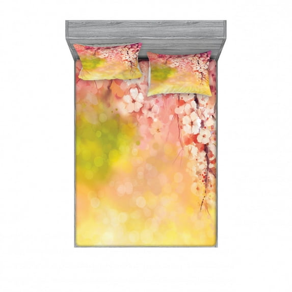 Ambesonne Japanese Fitted Sheet & Pillow Sham Set, Sakura Floral Beauty, Queen, Pink Green Yellow