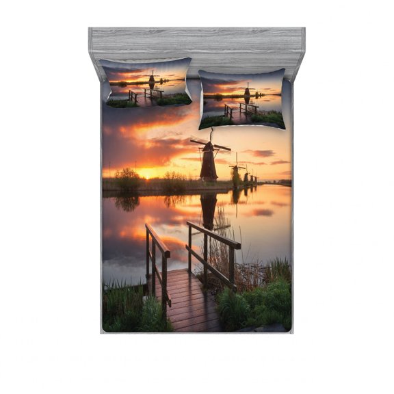 Nature Bedding Set with Sheet & Covers, Landscape with Traditional Famous Dutch Windmills on Background near Canal Photo, Printed Bedroom Decor 2 Shams, 4 Sizes, Orange Blue, by Ambesonne