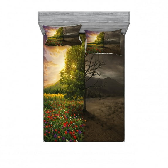 Nature Bedding Set with Sheet & Covers, Mother Earth Contrast with Life and Death Theme Dark Forest Fresh Dry Design Print, Printed Bedroom Decor 2 Shams, 4 Sizes, Multicolor, by Ambesonne