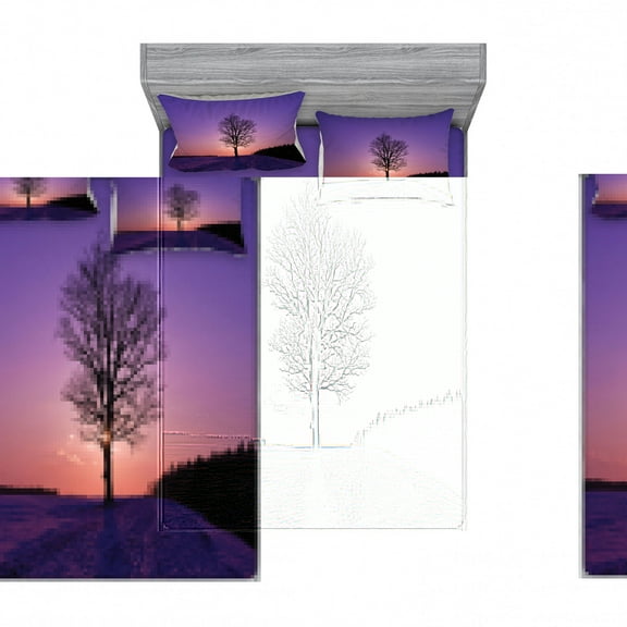 Nature Bedding Set with Sheet & Covers, Oak Tree at Sunset Frozen Wintertime Snowy Field Evergreen Forest Evening Scenery, Printed Bedroom Decor 2 Shams, 4 Sizes, Purple Peach, by Ambesonne