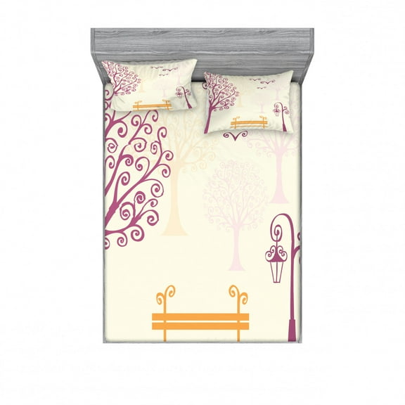 Nature Bedding Set with Sheet & Covers, Pastel Color Nature Picture Curvy Lines Seagulls Bench and Tree Silhouettes Park, Printed Bedroom Decor 2 Shams, 4 Sizes, Orange Purple, by Ambesonne