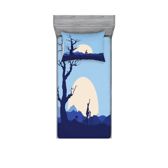 Nature Bedding Set with Sheet & Covers, Rising Moon in Abandoned Forest with Trees and a Boy Cycling Bike Image Print, Printed Bedroom Decor 2 Shams, 4 Sizes, Blue and White, by Ambesonne