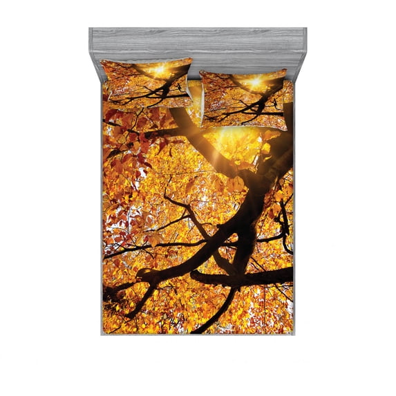Nature Bedding Set with Sheet & Covers, Sun Through Leaf Golden Yellow Vivid October Foliage Harvest Serene Paradise Photo Art, Printed Bedroom Decor 2 Shams, 4 Sizes, Orange, by Ambesonne