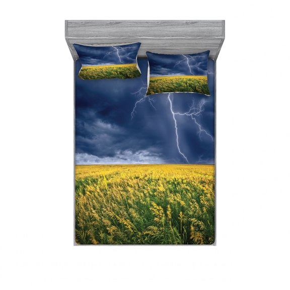 Nature Bedding Set with Sheet & Covers, Thunder Bolt Above the Seasonal Field Electric Vibes Mother Nature Theme Image, Printed Bedroom Decor 2 Shams, 4 Sizes, Yellow Blue, by Ambesonne
