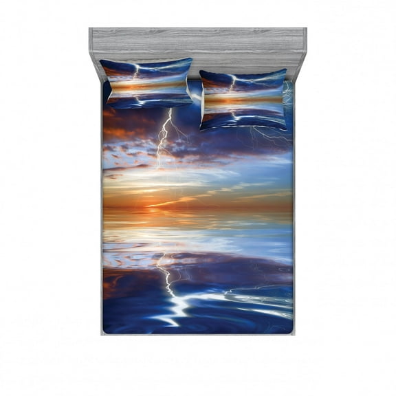 Nature Bedding Set with Sheet & Covers, Thunder over the Sea with Reflections Storm Theme Mother Earth Theme Image, Printed Bedroom Decor 2 Shams, 4 Sizes, Orange Blue, by Ambesonne