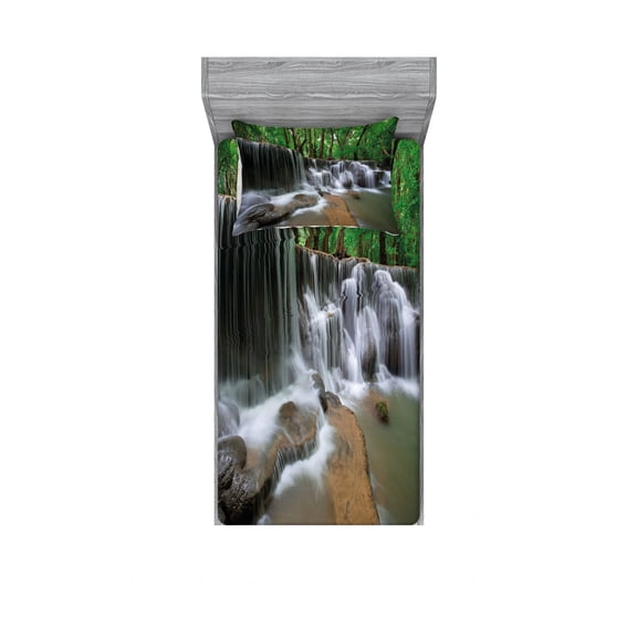 Nature Bedding Set with Sheet & Covers, Waterfall at Forest in Tropical Environment Unusual Woodland Scenery, Printed Bedroom Decor 2 Shams, 4 Sizes, Forest Green Brown White, by Ambesonne