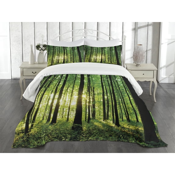Ambesonne Forest Quilted Bedspread Set 3 Pcs, Green Woodland Sunrise, King Size, Green Black Yellow