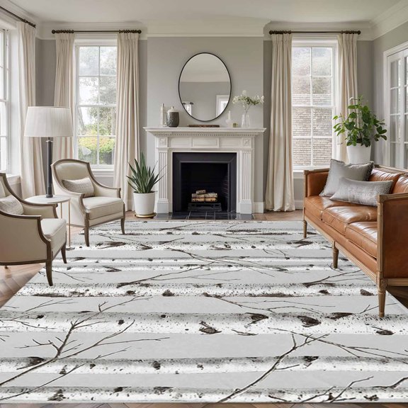 Nature Birch Trees 8'x10' Large Area Rugs Modern Gray Modern Tree Bark Texture Forest Washable Area Rugs Non-Slip Indoor Floor Mats Large Carpet for Living Room Bedroom Dining Room