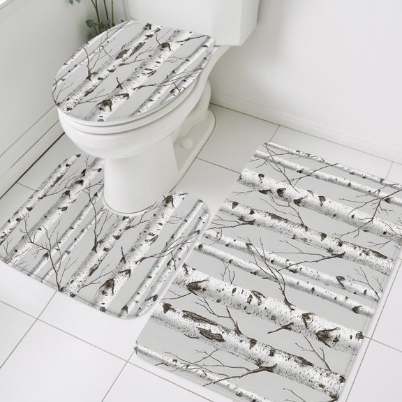 Nature Birch Trees Bathroom Rugs Set Modern Gray Modern Tree Bark Texture Forest Non Slip Absorbent Soft Bath Mats 3 Piece Set with Bathroom Rug, U-Shaped Floor Mat, Toilet Seat Cover Small Size