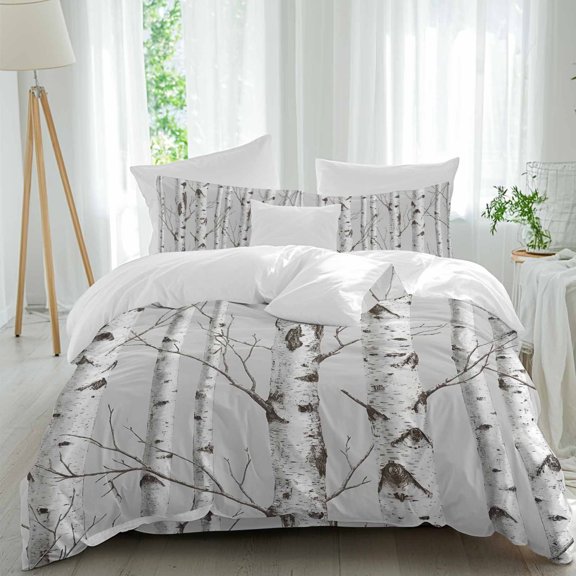 Nature Birch Trees Comforter Set Twin Size, Modern Gray Modern Tree Bark Texture Forest Soft Bedding Set for Man Woman, 4 Pieces Duvet Cover Set with Fitted Sheet, 2 Pillowcases