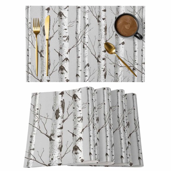 Nature Birch Trees Cotton Linen Placemats Set of 1, Modern Gray Modern Tree Bark Texture Forest Washable Table Place Mats Heat Insulating Placemat for Dining Room Kitchen Daily Use 13 x 19 Inch