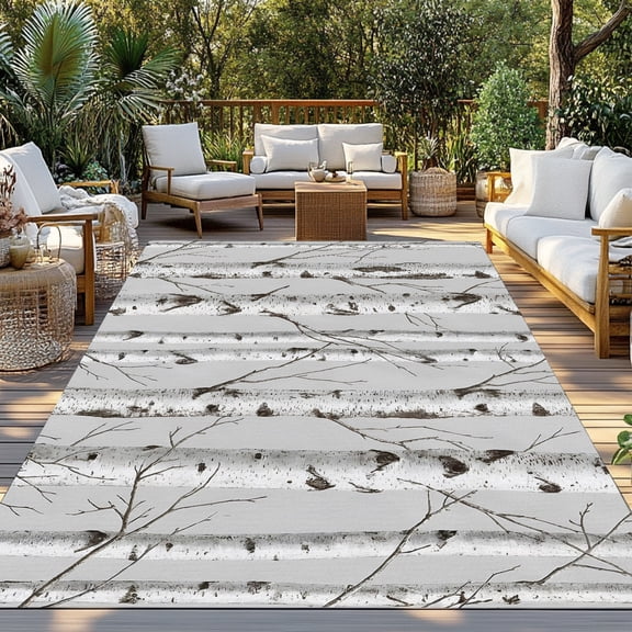 Nature Birch Trees Indoor Outdoor Rugs 4x6 Ft, Modern Gray Modern Tree Bark Texture Forest Outdoor Patio Rugs Mat Washable Outside Area Rugs Carpet for Porch Deck RV Camping Pool Balcony Backyard
