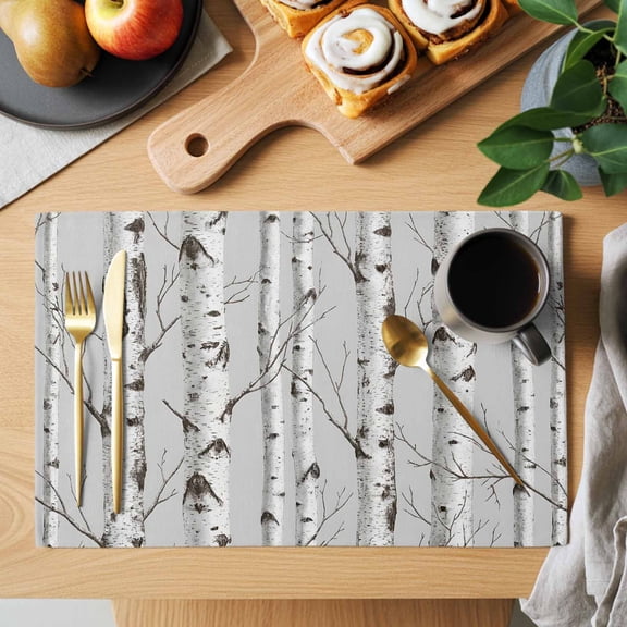 Nature Birch Trees Placemats Set of 1, Modern Gray Modern Tree Bark Texture Forest Heat Insulated Linen Place Mats, Washable Stain-Proof Table Mats for Dining Tables Holiday Decor 13x19 Inches