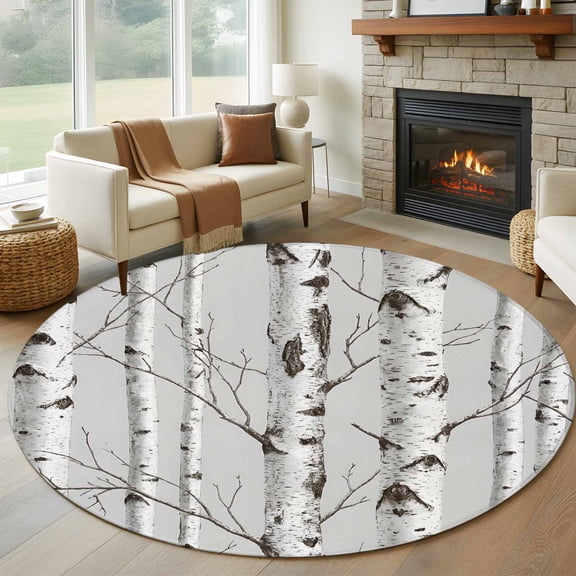 Nature Birch Trees Round Rugs for Living Room 7ft Modern Gray Modern Tree Bark Texture Forest Non Slip Circle Rug Washable Low-Profile Indoor Carpet for Bedroom, Dining Room, Bathroom