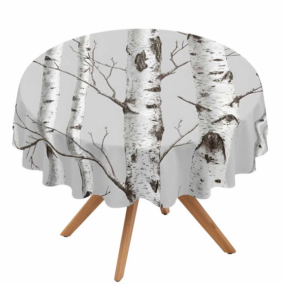 Nature Birch Trees Round Tablecloth 54 Inch Modern Gray Modern Tree Bark Texture Forest Waterproof Spillproof Circle Table Cloth Washable Round Table Cover for Party, Picnic, Outdoor Dining