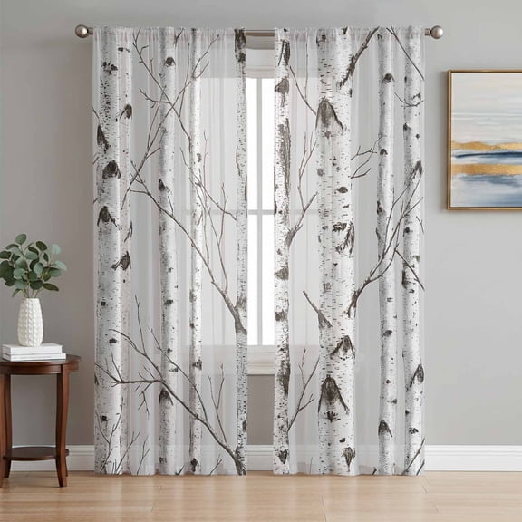 Nature Birch Trees Sheer Curtains for Living Room Bedroom, Modern Gray Modern Tree Bark Texture Forest Light Filtering Sheer Curtain Rod Pocket Voile Window Treaments Drapes, 52 x 108 Inches