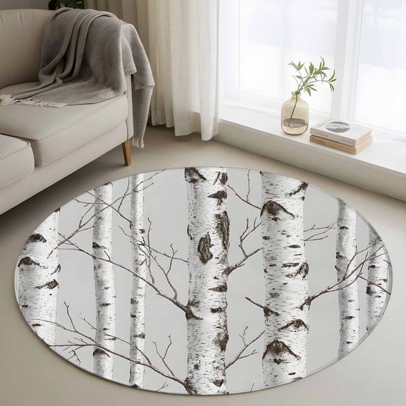 Nature Birch Trees Small Round Rug 3Ft Modern Gray Modern Tree Bark Texture Forest Area Rugs Washable Non Slip Indoor Floor Mats Circle Carpet for Living Room Bedroom Dining Room Home Decor