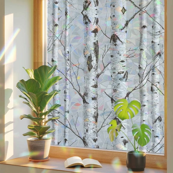 Nature Birch Trees Window Privacy Film, Modern Gray Modern Tree Bark Texture Forest Stained Glass Rainbow Film Decorative Window Clings, Static Cling Sun Blocking Stickers 17.7" x 39.3"