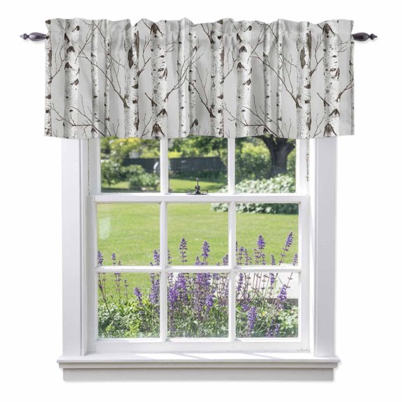 Nature Birch Trees Window Valance for Kitchen, Modern Gray Modern Tree Bark Texture Forest Rod Pocket Short Curtains for Bathroom Bedroom Small Window, Light Filtering Decorative Valances, 42x12 Inch