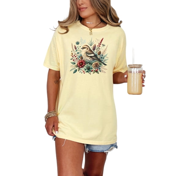 Nature Bird Flower Bouquet TShirt, Illustrated Bird and Floral Design Tee, Cute Bird Lovers Graphic Shirt, Garden Theme Top, Butter Comfort Colors T-Shirt, 2XL