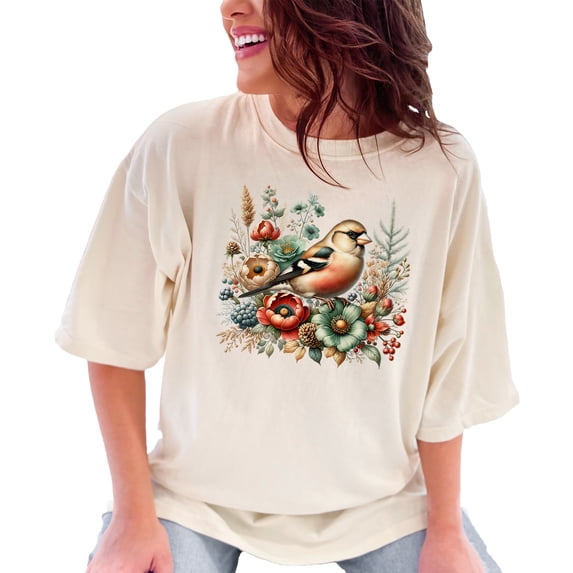 Nature Bird Illustration T-Shirt, Vintage Floral Bird Tee, Artistic Wildlife Shirt for Women, Trendy Graphic Animal Top, Summer Casual, Ivory Comfort Colors T-Shirt, XL