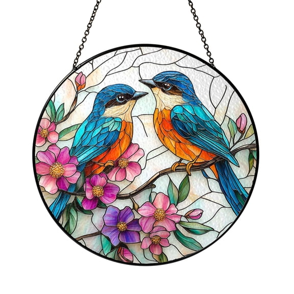 Nature Bird and Hydrangea Floral Stained Glass Suncatcher – Decorative Window Art