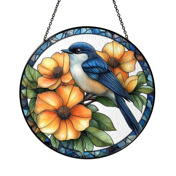 Nature Blue Jay and Orange Bloom Round Stained Glass Suncatcher – Window Art