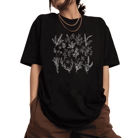 Nature Botanical Print T-shirt Black Graphic Tees S-5XL Shirts Outdoor Tops