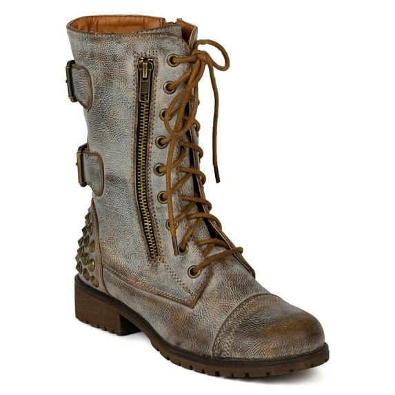 Nature Breeze AC20 Women Studded Spike Leatherette Zipper Lace Up Buckle Military Boot