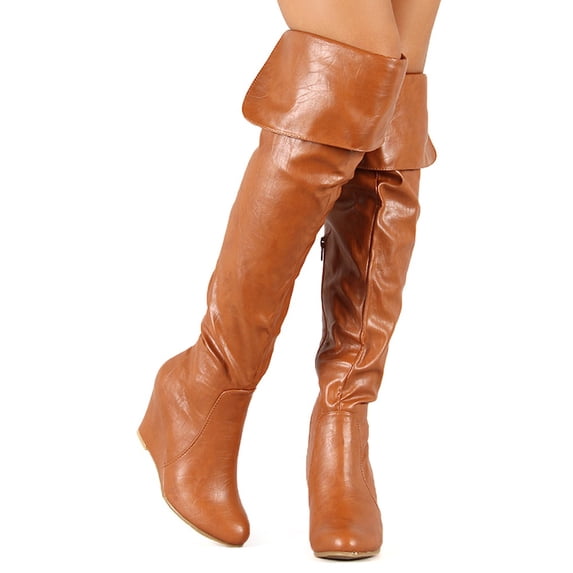 Nature Breeze BF63 Women Leatherette Folded Thigh High Wedge Boot