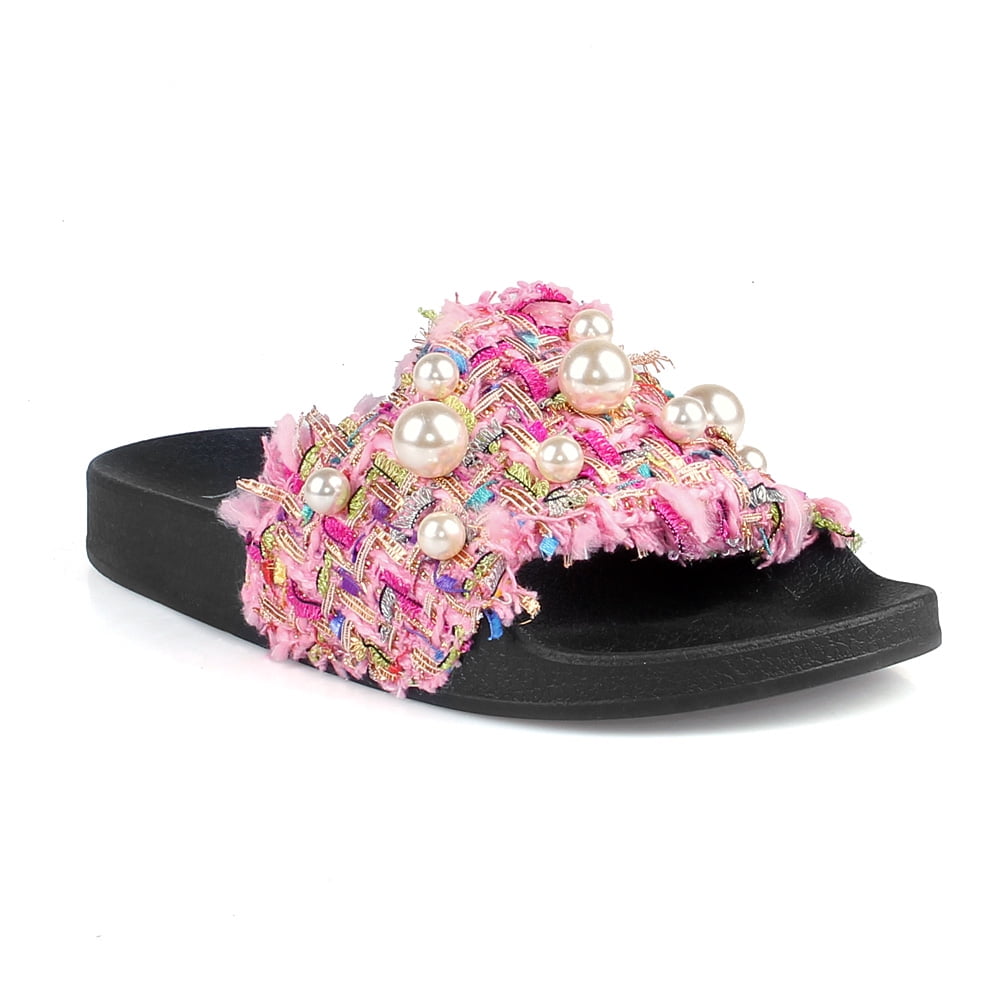 Nature Breeze Fluf 11 Tweed Fabric Slide Sandal in Pink Walmart