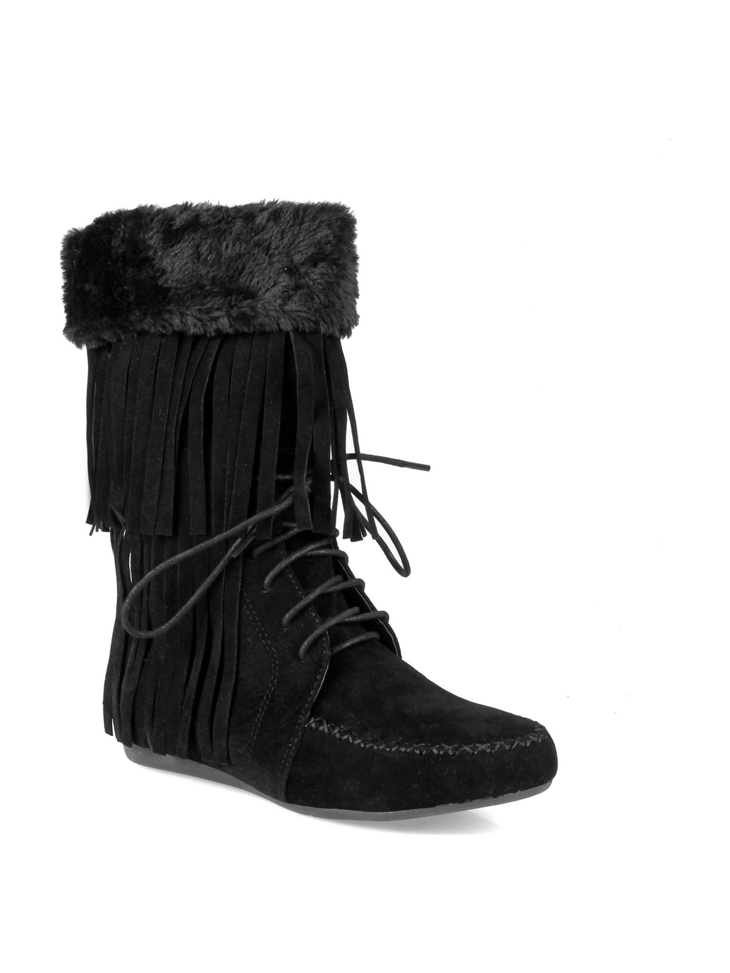 Nature Breeze Fringe Women's Moccasin Boots in Black