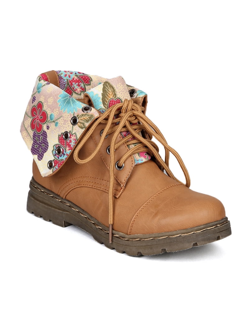 Nature Breeze Gwen-03HI Floral Cuff Round Toe Military Combat Lace Up ...
