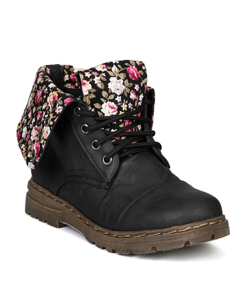 Nature Breeze Gwen-03HI Floral Cuff Round Toe Military Combat Lace Up ...