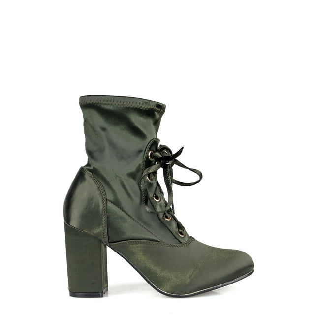 Nature Breeze Lace up Almond Toe Chunk Heel Women's Anke Boots in Olive