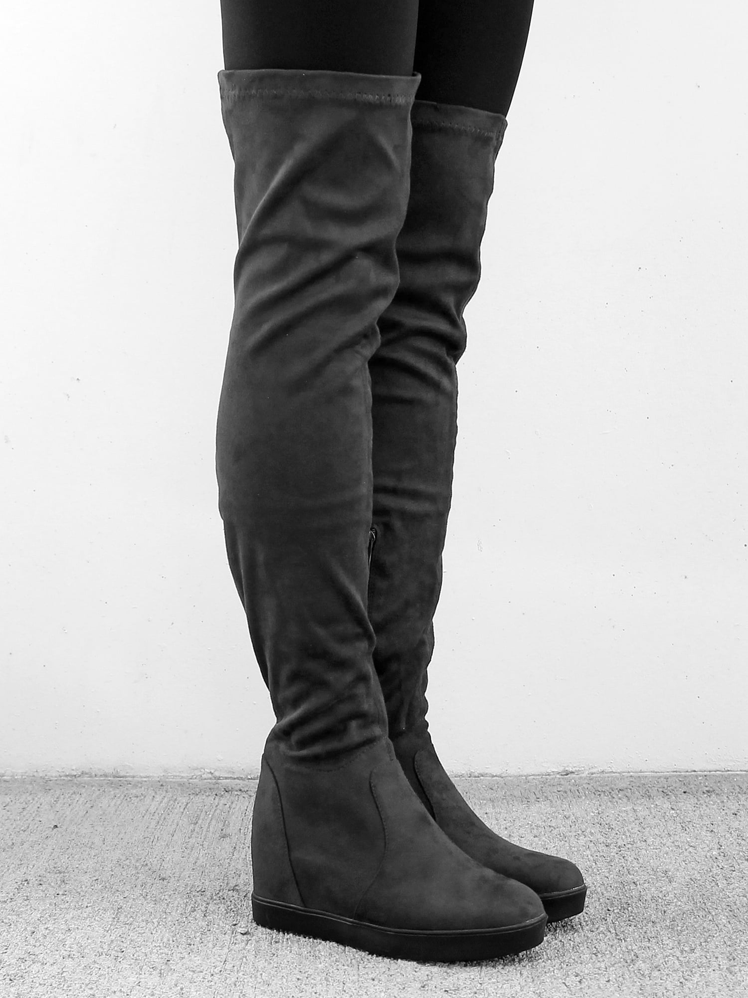 Grey thigh high boots no heel sale