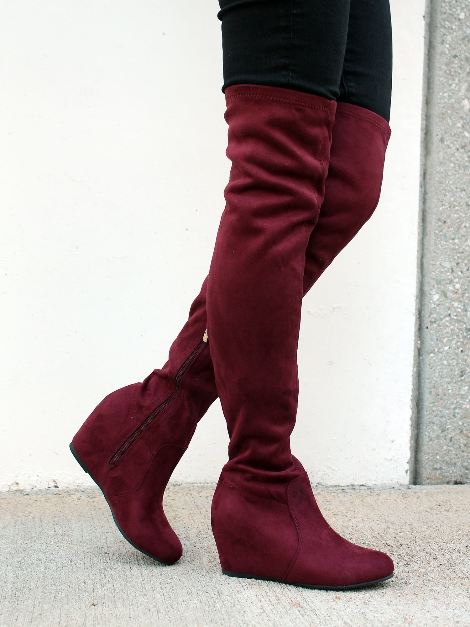 Nature Breeze Over the knee Women s Hidden wedge Boots in Burgundy