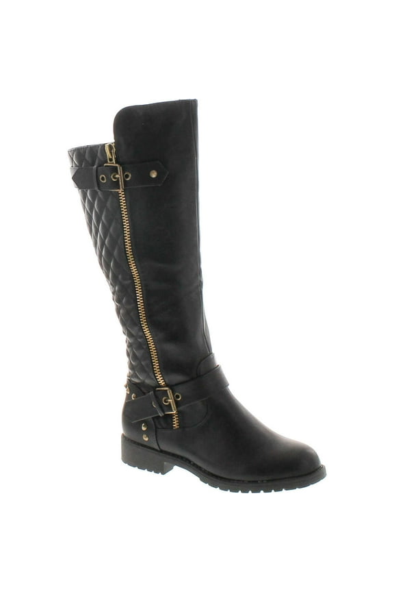 Vivienne-01 Studded Quilted Leatherette Buckle Round Toe Motorcycle Women Boots, Black, 6