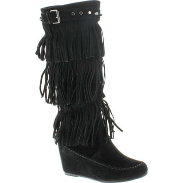 Nature Breeze Womens Bridget-02Hi Suede Fringe Studded Moccasin Knee High Wedge Boot