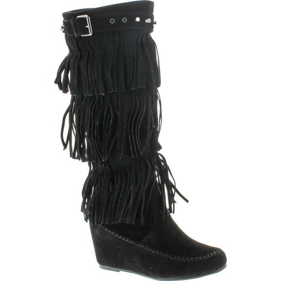 Nature Breeze Womens Bridget-02Hi Suede Fringe Studded Moccasin Knee High Wedge Boot