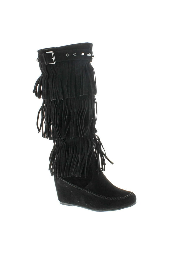 Womens Bridget-02Hi Suede Fringe Studded Moccasin Knee High Wedge Boot